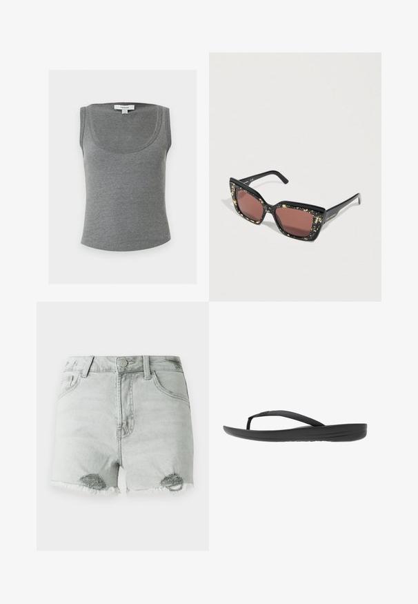 Grijs geribd mouwloos tanktopje met ronde halslijn, met een klein wit Topshop-label aan de achterkant binnen in de kraag.; Lichtgrijze denimshorts met een hoge taille, versleten details en rafelige hemden, en twee voorzakken. De stof lijkt zacht en gedragen.; Zwarte flip-flop met een gestructureerde band, een gevoerde zool en een strak, minimalistisch ontwerp. Geschikt voor casual gebruik.; Zwarte zonnebril met een gestructureerd, goudgevlekt montuur en bruine glazen, met een gedurfde vierkante vorm en slanke pootjes.