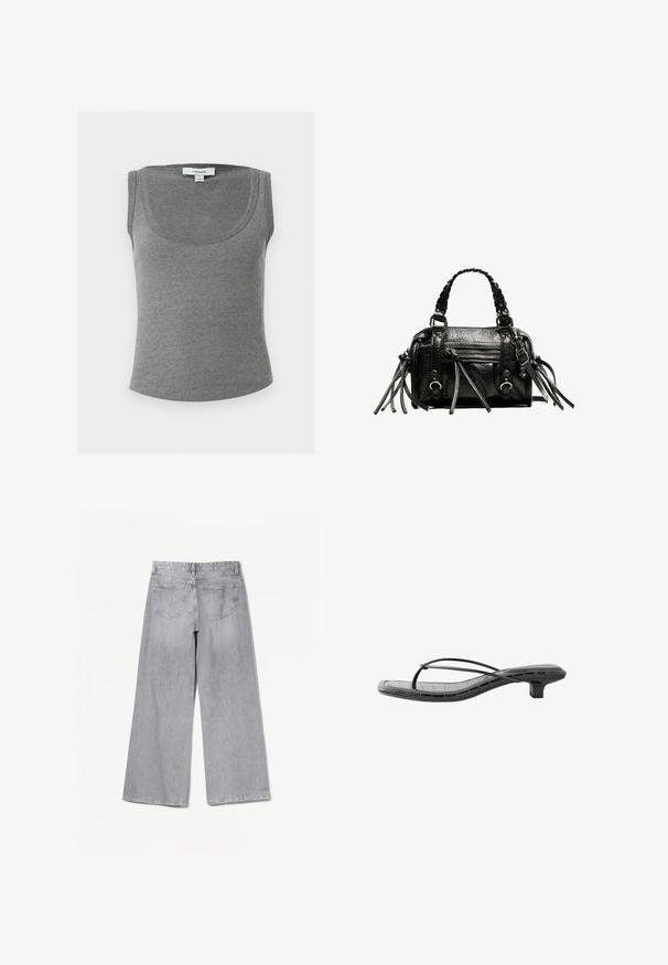 Débardeur gris côtelé sans manches avec encolure dégagée, comportant une petite étiquette blanche Topshop à l'intérieur du col au dos.; Jean large gris à taille haute, avec une texture lisse, deux poches arrière et des détails de couture subtils.; Sandale noire à petit talon avec fines brides croisées et bout carré, avec un motif crocodile faux texturé sur la semelle.; Sac à main en cuir noir avec poignées tressées, surface texturée, poche frontale zippée et accents de franges décoratives. Forme compacte et structurée.