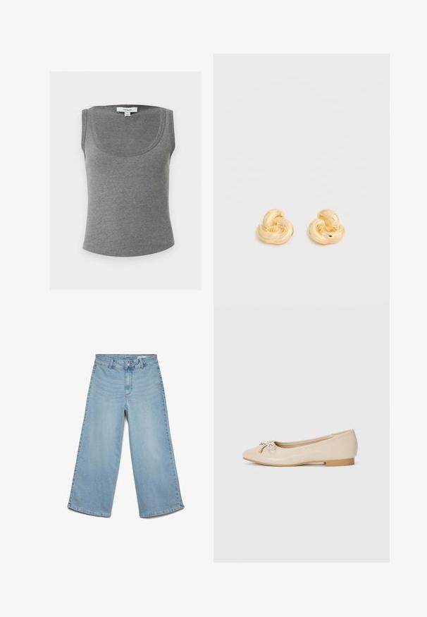 Grå ribbet ærmeløs tanktop med rund halsudskæring, med et lille hvidt Topshop-mærke i nakken indvendigt.; Lyseblå denim bukser med vide ben, bæltestropper, forreste knap og lynlås, uden synlige lommer.; Beige balletflader lavet af glat syntetisk materiale. Har en lille blokhæl og en knyttet detalje med gyldne accenter på tåen.; Par af skinnende ørestikker i guldfarvet knudeform på en ensfarvet hvid baggrund.