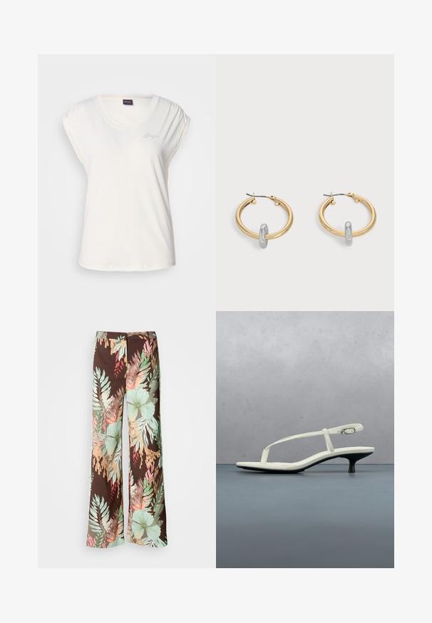 T-shirt blanc à manches courtes avec encolure dégagée et détails froncés aux épaules. Logo discret en strass sur le côté gauche. Texture de tissu douce.; Pantalons larges en tissu marron foncé avec un motif floral et feuillu éclatant dans des teintes de vert, rouge et pêche. Matière douce et légère.; Sandale blanche à talon kitten avec des lanières et un bout pointu, flottant au-dessus d'un sol en carrelage en bois en plein air avec un arrière-plan flou de plante et de mur.; Paire de boucles d'oreilles créoles dorées avec un petit détail boucle ton argent sur chaque, exposées sur fond gris clair.
