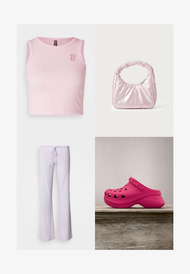 Svetloružový rebrovaný crop top s okrúhlym výstrihom a širokými prieramkami, ozdobený malým dekoratívnym logom "B" z kamienkov na hrudníku.; Svetlofialové rozšírené tepláky s jemnou textúrou, elastickým pásom a nastaviteľným sťahovacím šnúrkou. Sú vybavené bočnými švami pre zvýšenú štruktúru.; Jasne ružové gumené klobúkové topánky s ventilačnými otvormi, zadným pásikom a zakrivenou platformou pre pohodlie. Elegantná a hladká textúra po celom povrchu.; Ružová, polstrovaná kabelka s oblehnutým dizajnom, vyrobená z lesklého materiálu. Obsahuje naťahovanú rukoväť a zipsové uzatvorenie pre bezpečný prístup.