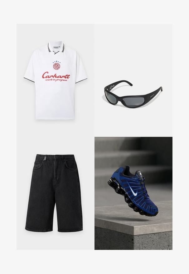 Polo blanc à manches courtes avec des bordures noires sur le col et les manches, texte rouge « Carhartt work in progress » et logo circulaire avec des étoiles bleues en haut.; Shorts en denim noir avec une coupe ample, une taille mi-haute, cinq poches et des passants de ceinture. Le tissu a une texture lisse et des détails de couture subtils.; Chaussure de course Nike bleue et noire avec logo swoosh blanc, flottant au-dessus d'un rebord en béton avec des marches texturées en arrière-plan flou.; Lunettes de soleil noires avec une monture incurvée et des verres teintés. Présente un fini mat et le nom de la marque "ARNETTE" sur le côté.