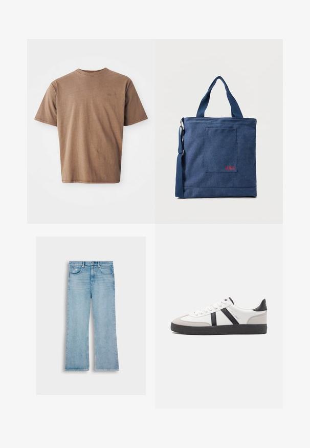 Brun bomulds t-shirt med rund hals, korte ærmer og et diskret broderet logo på venstre brystområde. Glat tekstur, afslappet pasform.; Lyseblå denimbukser med lige ben, der har fem lommer, knaplukning og syning langs sømmene.; Hvide sneakers med sorte og grå detaljer, med en tekstureret grå tåhætte, sort gummisål og flade hvide snørebånd. Rent design, minimalistisk stil.; Blå lærredstote taske med frontlomme og rød "O.N.S" broderi, med to håndtag og en justerbar skulderrem.