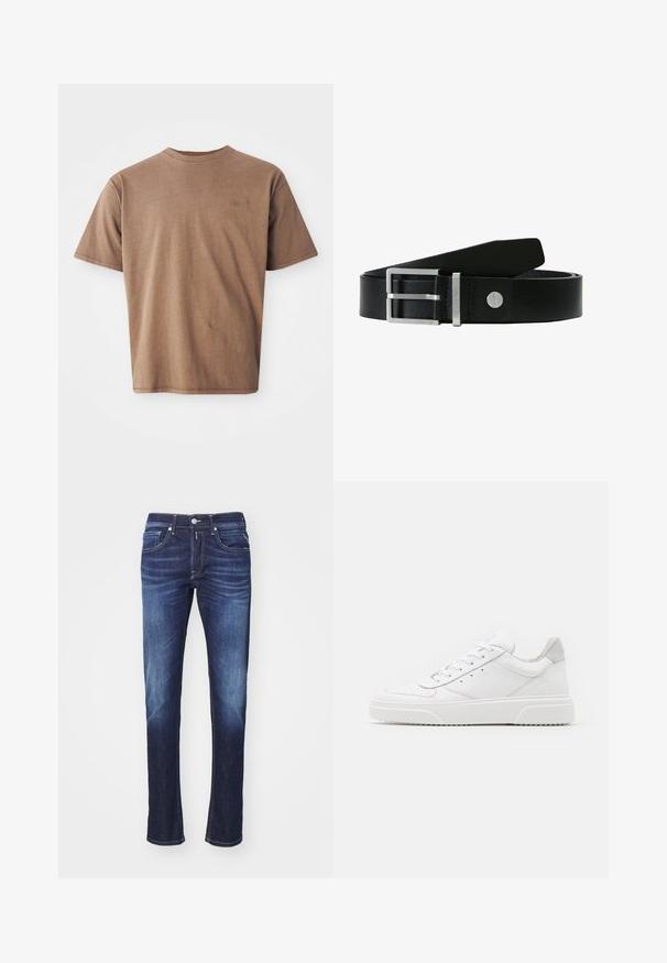 Brun bomulds t-shirt med rund hals, korte ærmer og et diskret broderet logo på venstre brystområde. Glat tekstur, afslappet pasform.; Mørkeblå denimjeans med lige ben, der har fem lommer, knaplukning og diskret blegeteffekt langs lårene.; Hvide lædersneakers med en glat finish, rund tå, flade snørebånd og en struktureret sål. Grå ruskindsdetalje ved hælen.; Sort læderbælte med en sølv rektangulær spænde og et gravere logo. Har en glat overflade og et klassisk design.