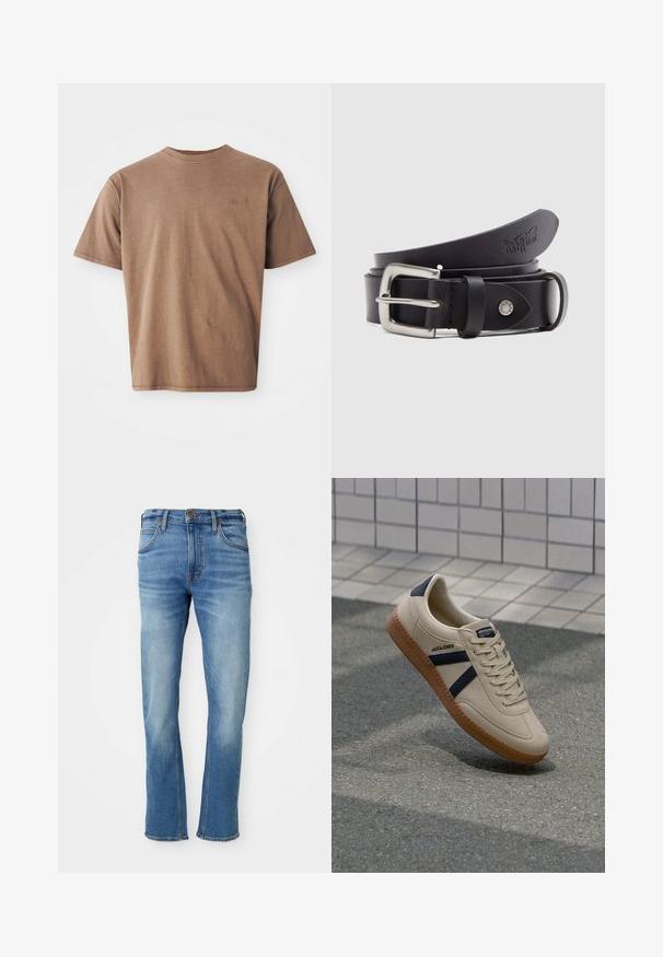 Bruine katoenen t-shirt met ronde hals, korte mouwen en een discreet geborduurd logo op de linkerborst. Soepele structuur, relaxte pasvorm.; Lichtblauwe denim jeans met een rechte pasvorm, voorzien van een klassiek vijf-pocket ontwerp, subtiele wassing en contrasterende stikseldetails.; Beige sneaker met een textuurafwerking, marineblauwe strepen en een rubberen zool. Heeft een gevoerde tong en een traditioneel vetersysteem voor een veilige pasvorm.; Zwarte leren riem met een zilveren metalen gesp, een drukknop voor aanpassing en reliëfdetails op het leer. Overal een gladde textuur.