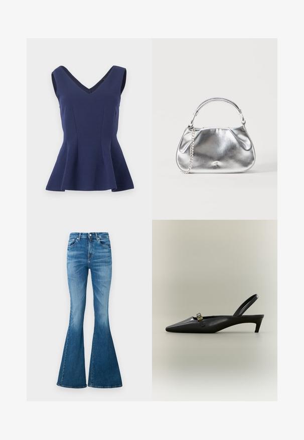 Ärmelloses marineblaues Peplum-Top mit V-Ausschnitt und tailliertem Schnitt, hergestellt aus glattem, leicht elastischem Stoff.; Schicke Schlagjeans aus mittelschwerem Denim mit hoher Taille, in hellblauer Farbe, dezenten Verblassungen und klassischem Fünf-Taschen-Design.; Schwarzer Slingback-Kitten-Heel aus Leder mit spitz zulaufender Zehenpartie und kleiner goldfarbener Schnalle auf einfarbigem Hintergrund.; Kleine silberne Metallhandtasche mit kurzem Griff und Kettenriemen-Detail vor schlichtem weißem Hintergrund.