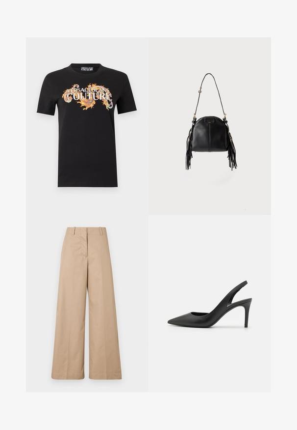 Sort T-shirt med korte ærmer og teksten "Versace Jeans Couture" samt orange dekorative pletter på tværs af brystet.; Beige bredde benbukser lavet af blødt bomuldsstof, med en skræddersyet talje og flad front, designet til en afslappet pasform og rene linjer.; Sorte læder slingback høje hæle med spids tå-design, der har en udskæring fortil og en tynd stiletto-hæl.; Sort læderhåndtaske med en buet form, lang justerbar rem og frynser på begge sider mod en lys baggrund.