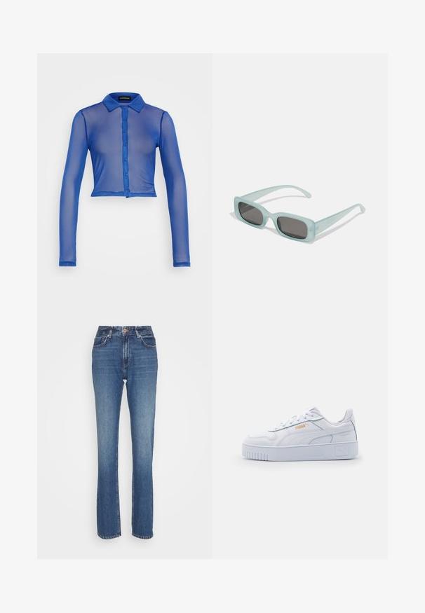 Chemisier bleu transparent à manches longues, col, avec une fermeture à six boutons et une coupe courte. Texture lisse avec un aspect léger et translucide.; Jean en denim bleu à taille haute, design à jambe droite et dégradé subtil. Présente un style classique à cinq poches et une fermeture à bouton en métal.; Baskets blanches en cuir avec une semelle épaisse, présentant une texture lisse, un design minimaliste, des rayures sur les côtés et un petit logo.; Une paire de lunettes de soleil rectangulaires avec des montures translucides bleu clair et des verres gris foncé, présentant des branches droites et des détails matériels minimaux.