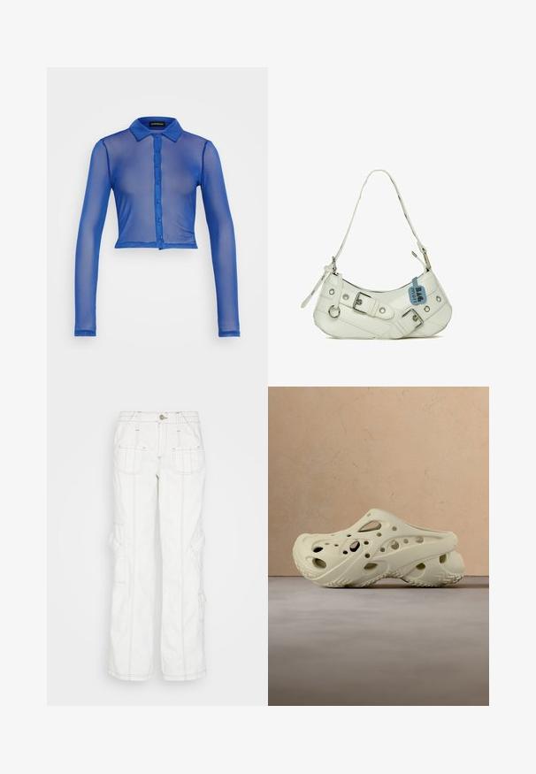 Chemisier bleu transparent à manches longues, col, avec une fermeture à six boutons et une coupe courte. Texture lisse avec un aspect léger et translucide.; BDG Urban Outfitters Jean boyfriend - white; Paire de sabots crème à enfiler avec plusieurs trous d'aération, posée sur un tapis beige près d'un canapé marron clair.; Sac à main synthétique blanc avec une silhouette incurvée, une bandoulière réglable, une boucle décorative, du matériel en argent et une étiquette bleue attachée.