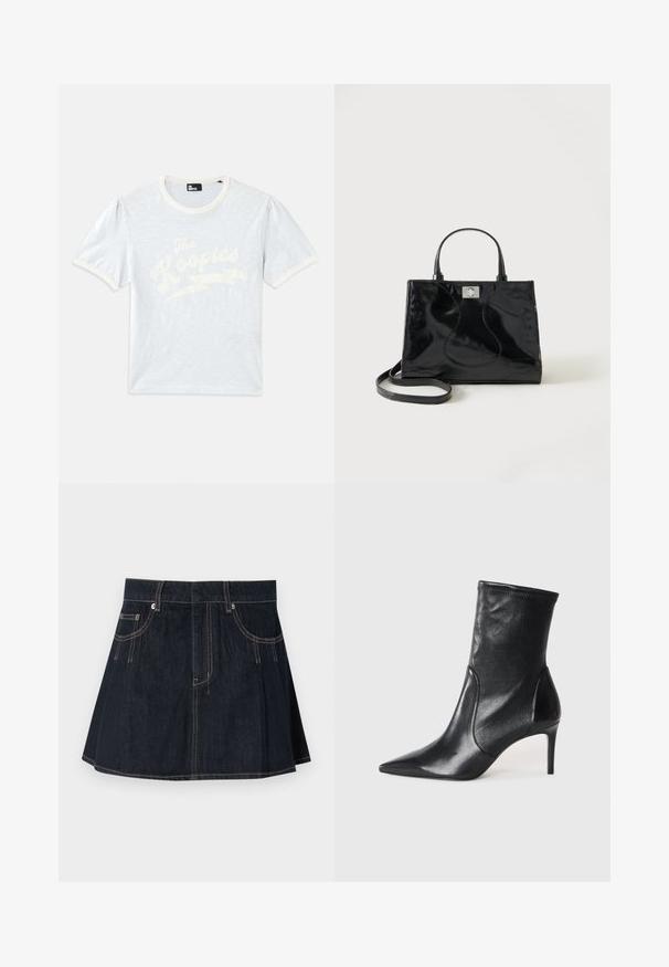 Svetlomodré tričko s krátkym rukávom a krémovým golierom, s vypučanými rukávmi, s bielym textom "The Kooples" a dizajnom blesku.; Džínová sukňa v tmavomodrej farbe, s rozšíreným strihom, pútkami na opasok, prednými vreckami a kontrastným prešívaním pozdĺž švov.; Čierne kotníkové topánky vyrobené z hladkej kože, s špicatou špičkou, priliehavým zvrškom aúzkym vysokým podpätkom. Minimalistický dizajn bez viditeľného kovania.; Čierna kabelka z lakovanej kože s zaoblenými rúčkami, odnímateľným ramenným popruhom a strieborným zapínaním na jednoduchom bielom pozadí.