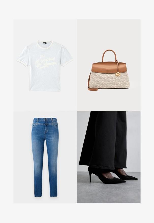 Lyseblå t-shirt med korte ærmer, cremefarvet krave og puffede ærmer, prydet med hvid tekst "The Kooples" og lyn-design.; Klassiske blå denimjeans med lige ben, designet med en mellem høj talje, forlommer og orange stikninger som detaljer.; Sorte ruskind højhælede sko med spidse tæer, båret med sorte brede bukser, har et slankt design og en subtil glans.; Tanfarvet og beige Michael Kors håndtaske med top-håndtag, klaplukning og MK-logo charm på beige mønstret stof.