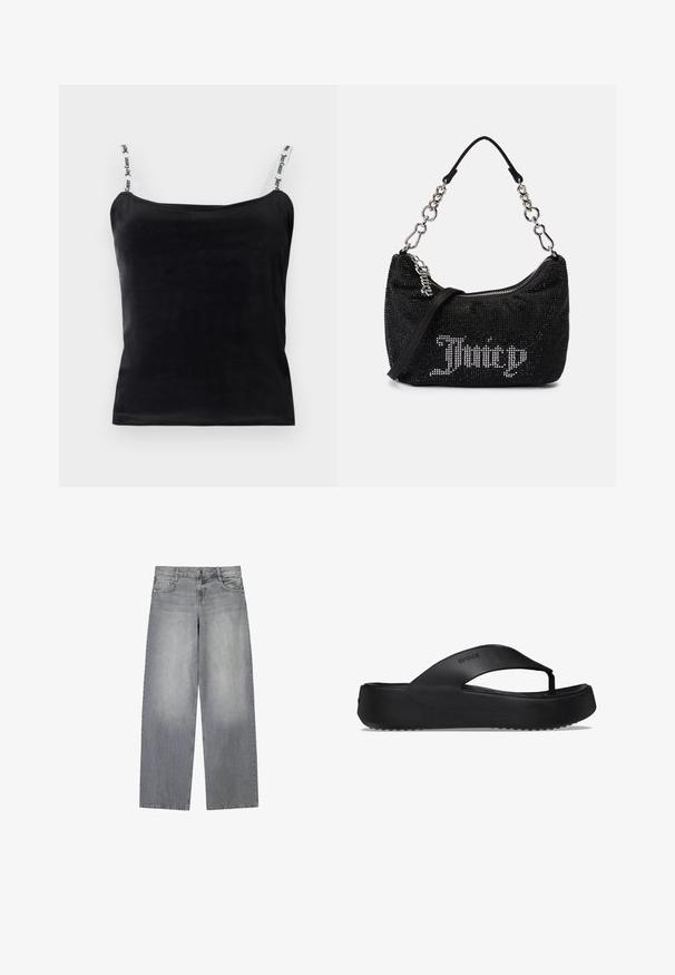 Zwarte geribbelde tanktop met verstelbare bandjes en witte merkindeling. Glad textuur en aansluitend ontwerp.; Wijduitlopende grijze denim jeans met een licht vervaagde afwerking, voorzien van vijf zakken, een knoopsluiting aan de voorkant en lussen voor een riem.; Zwarte flip-flop sandaal met een verhoogde zool, gemaakt van rubbermateriaal. Kenmerkt zich door een teenband en een gestructureerde voetbed voor grip.; Zwarte tas met rhinestone versieringen, een gebogen vorm en een zilveren kettinghandvat. Voorzien van een rits en het "Juicy" logo in het wit.