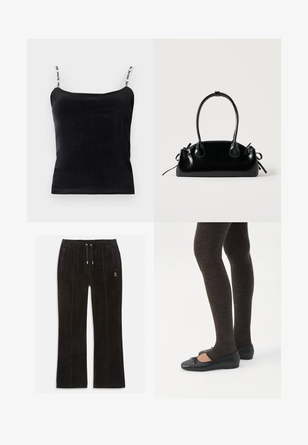 Schwarzes geripptes Tanktop mit verstellbaren Trägern und weißen Marken-Details. Glatte Textur und körpernahe Passform.; Schwarze Samt-Sweatpants mit weicher Textur, ausgestattet mit einem elastischen Taillenbund mit Zugband und zwei Seitentaschen. Dezentes Logo-Detail vorhanden.; Beine in dunklen, gerippten Leggings kombiniert mit schwarzen Ballerinas mit kleinen Schleifendetails auf weißem Hintergrund.; Kleine schwarze glänzende Handtasche mit zwei langen Griffen und seitlichen Kordelzug-Details vor einfachem hellem Hintergrund.
