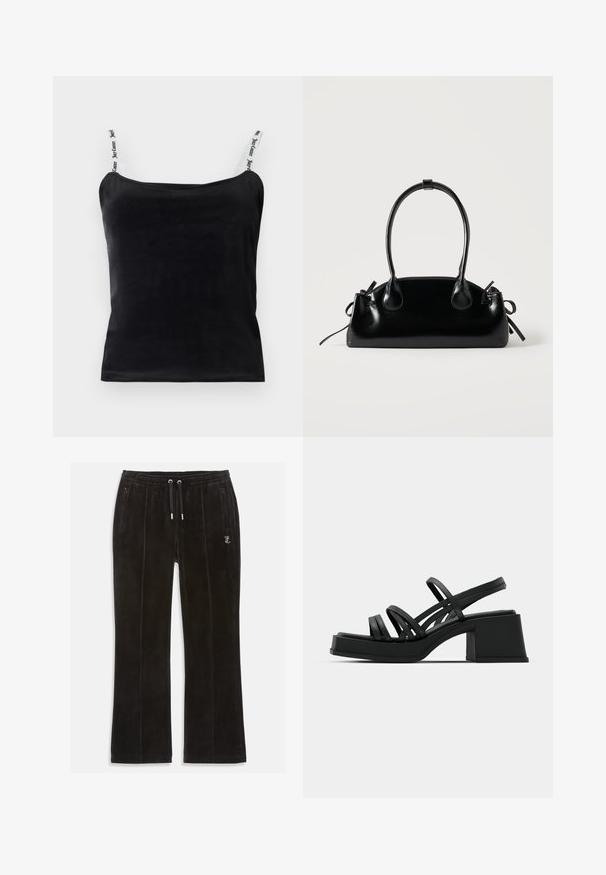Schwarzes geripptes Tanktop mit verstellbaren Trägern und weißen Marken-Details. Glatte Textur und körpernahe Passform.; Schwarze Samt-Sweatpants mit weicher Textur, ausgestattet mit einem elastischen Taillenbund mit Zugband und zwei Seitentaschen. Dezentes Logo-Detail vorhanden.; Schwarze Absatzsandalen mit mehreren dünnen Riemen und einem breiten Blockabsatz. Schlankes Design mit matter Textur. Der Fußbett hat eine leichte Kurve.; Kleine schwarze glänzende Handtasche mit zwei langen Griffen und seitlichen Kordelzug-Details vor einfachem hellem Hintergrund.