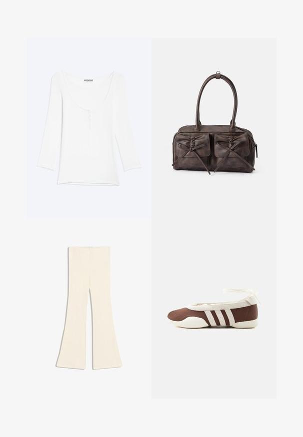 Chemise blanche à manches longues avec une encolure dégagée et une courte patte de boutonnage sur la poitrine, présentée sur un fond uni clair.; Pantalon en maille côtelée couleur crème avec design de jambes évasées, présenté à plat sur un fond blanc.; Chaussure plate de ballet marron et blanche avec trois bandes blanches et un nœud à nouer à la cheville sur un fond clair uni.; Sac en cuir brun avec deux poches avant dotées de liens, poignées arrondies et fermeture éclaire. Texture lisse avec un subtil éclat.