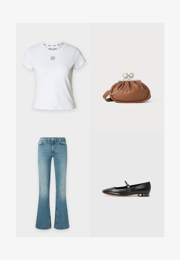 Hvid kortærmet DKNY t-shirt med rund hals og et lille sort prikmønstret "DKNY"-logo centreret på brystet samt "DKNY JEANS" trykt på indersiden af kraven.; Udsvingede blå denimjeans med lys vask, fem lommer, broderede detaljer og en talje med knap- og lynlås lukning.; Sort læder ballerina flad med spids tå, minimal ankelrem og en lille metal blokhæl. Glat tekstur, ingen synlige mønstre.; Brun læder clutch-pung med sølv kugleklap og en lille sølv kædedetalje på en hvid baggrund.
