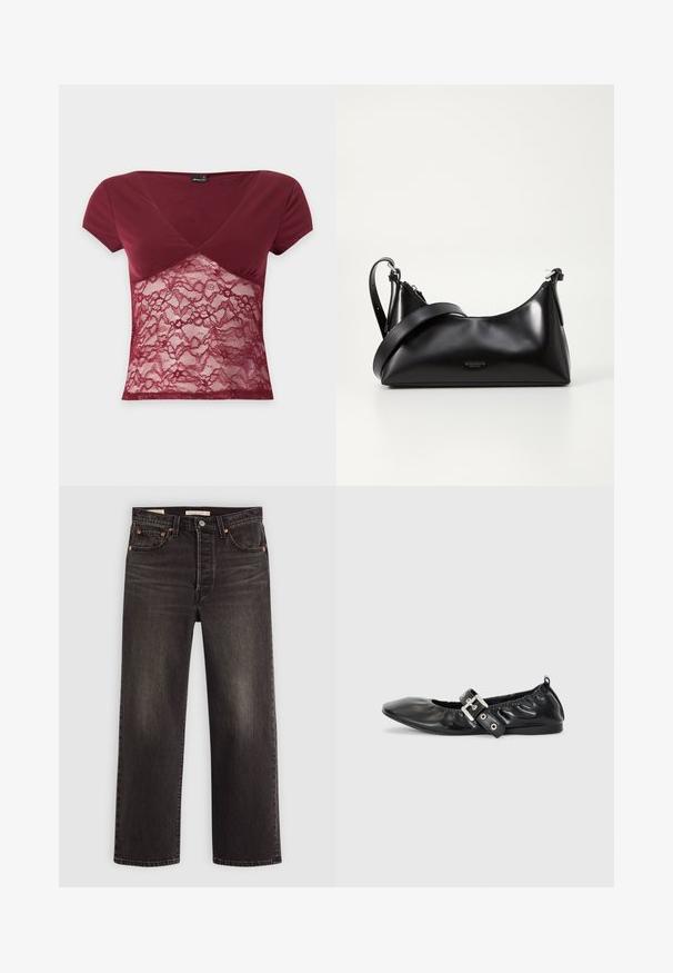 Haut bordeaux à manches courtes avec un grand col en V et un panneau en dentelle florale couvrant la taille sur fond blanc.; Jeans en denim noir avec une coupe droite. Comprend des rivets en cuivre et des poches. Texture lisse et finition légèrement décolorée.; Chaussure plate en cuir noir avec un nez pointu, des détails froncés autour de l'ouverture et un accent en boucle argentée sur la bride ajustable.; Sac à main en cuir noir avec une texture lisse. Dispose d'une bandoulière adjustable et d'un design élégant et minimaliste avec une fermeture éclair.