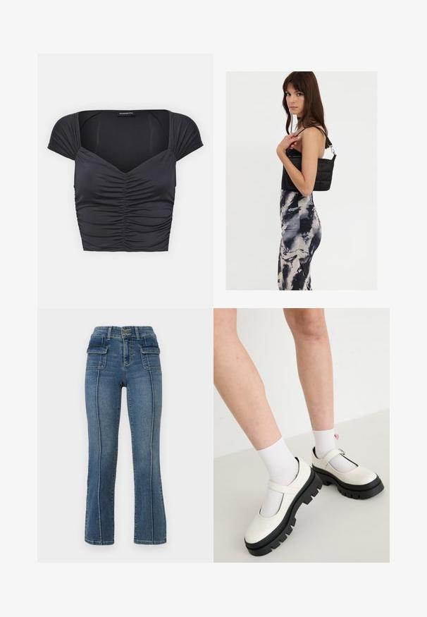 Even&Odd T-shirts basic - black; ONLY Petite ONLWAUW MID WAIST FLARED - Flared jeans - medium blue denim; Hvide patentlæder Mary Jane-sko med en kraftig sort sål, der har en rem over vristen og bæres med hvide sokker.; Sort quiltet skuldertaske med en enkelt rem og sølvhardware, parret med en tætsiddende kjole med tie-dye mønster i nuancer af sort og creme.