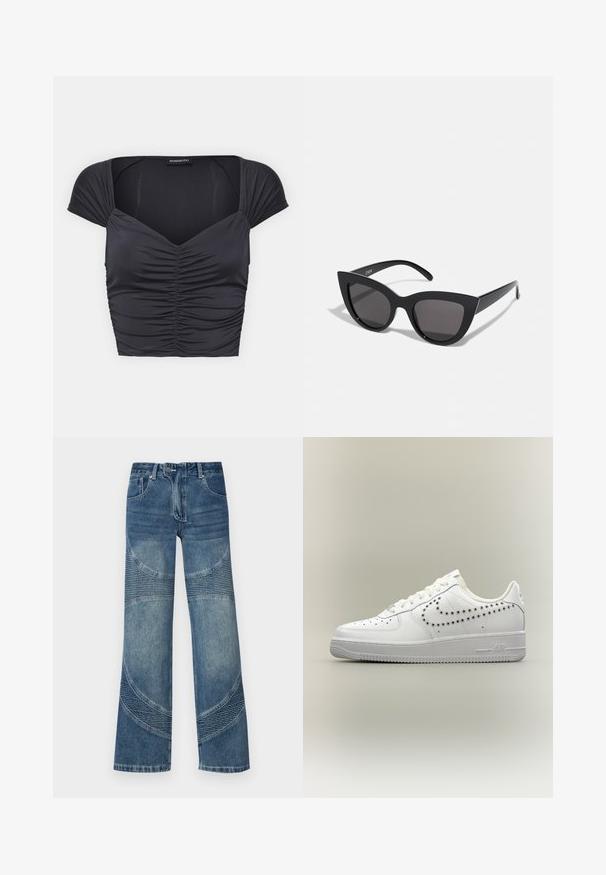Even&Odd by Zalando T-shirt basic - black; Hoge taille blauwe denim jeans met brede pijpen, voorzien van gebogen naaddetails en ribbelsecties aan de onderkant. Casual stijl.; Witte lage sneaker met geperforeerd Nike swoosh-ontwerp aan de zijkant, witte veters en een gestructureerde zool op een neutrale achtergrond.; Zwarte cat-eye zonnebril met een matte afwerking, voorzien van grijs getinte glazen, scherpe hoeken en slanke zijarmen. Merkennaam zichtbaar op de binnenarm.