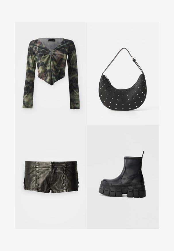 Haut cropped à manches longues, en motif camouflage vert et noir, présentant un décolleté en V et un détail en nœud à l'avant, fabriqué à partir d'un tissu texturé.; Shorts en cuir noir taille basse avec boutons métalliques décoratifs sur le devant et les côtés, dotés de poches avant et de détails de couture.; Bottines noires en cuir lisse avec une semelle plateforme épaisse et crantée. Dotées d'une languette de tirage et de détails de couture le long de la tige.; Sac à main en cuir noir avec une forme arrondie, orné de clous en argent, doté d'une fermeture éclair et d'une seule sangle ajustable.