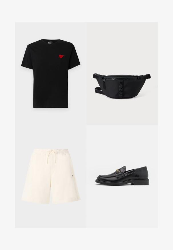 T-shirt en coton noir avec un petit design de cœur rouge et d'une flèche sur le côté gauche de la poitrine. Encolure standard à col rond avec des manches courtes.; Shorts couleur crème en tissu doux, dotés d'une taille élastique avec cordon de serrage, de poches latérales et d'une coupe décontractée.; Mocassins en cuir noir avec un embout rond, présentant des accents en métal doré et des détails de couture, montés sur une semelle en caoutchouc texturé et basse.; Sac banane noir Moschino avec fermeture éclair frontale et sangle ajustable sur un fond uni clair.