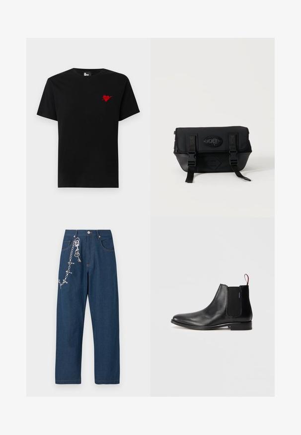 T-shirt en coton noir avec un petit design de cœur rouge et d'une flèche sur le côté gauche de la poitrine. Encolure standard à col rond avec des manches courtes.; Jean large en denim bleu foncé avec une chaîne ornée de strass attachée sur le côté gauche, et des surpiqûres orange visibles sur les poches et l'ourlet.; Bottine Chelsea en cuir noir avec un panneau latéral élastique et une languette rouge à l'arrière, présentée sur un fond blanc uni.; Sac bandoulière Moschino noir avec rabat avant, deux sangles à boucle et patch logo sur un fond clair uni.
