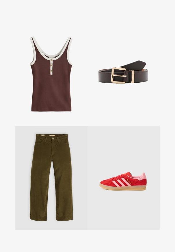 Ärmelloses braunes Tanktop mit weißem Rand um den Hals- und Armausschnitt, mit drei goldenen Knöpfen entlang der vorderen Knopfleiste.; Olivgrüne Cordhosen mit geradem Bein, die über Fronttaschen und einen Knopfverschluss verfügen und eine vertikale Rippstruktur aufweisen.; Roter Wildledersneaker mit rosa Akzenten und drei weißen Streifen; Gummisohle in Karamellfarbe; bestickter Text an der Seite und an der Ferse. Klassisches sportliches Design.; Dunkelbrauner Ledergürtel mit goldener rechteckiger Schnalle und Schlaufe, zusammengerollt mit sichtbaren Nähten entlang der Kanten.