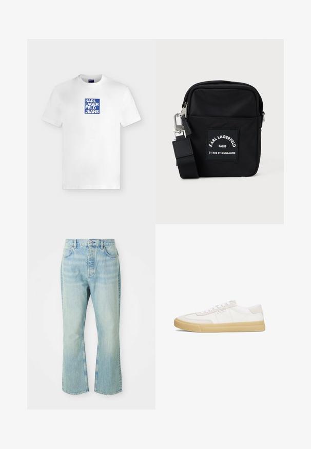 Hvid T-shirt med korte ærmer og en blå firkantet logo med teksten "KARL LAGERFELD JEANS" centreret på brystet.; Lysblå denim flared jeans med høj talje, der har fem lommer, bæltestropper og en toned vævning.; Hvide sneakers lavet af læder og ruskind, med snørestropper, en tan gummisål og et lille logo på siden.; Sort nylon crossbody taske med rektangulær form, med en frontpatch etikette, sølvhardware og en justerbar rem.