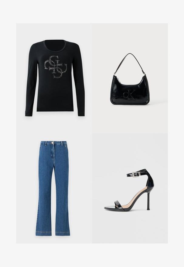 Camiseta negra de manga larga con un diseño decorativo que incluye letras estilizadas y acentos plateados. Tejido suave con un cuello redondeado.; Jeans acampanados de talle alto, confeccionados en denim azul medio, con cierre de botón, bolsillos frontales y costuras visibles a lo largo del dobladillo.; Sandalia de tacón alto en piel sintética negra con correa en el tobillo. Presenta un diseño minimalista, punta abierta y una hebilla con detalles de pedrería.; Bolso de mano de piel sintética negra con un asa curvada en la parte superior, cierre de cremallera y logo "cK" en relieve en el frente. Textura suave, forma estructurada.
