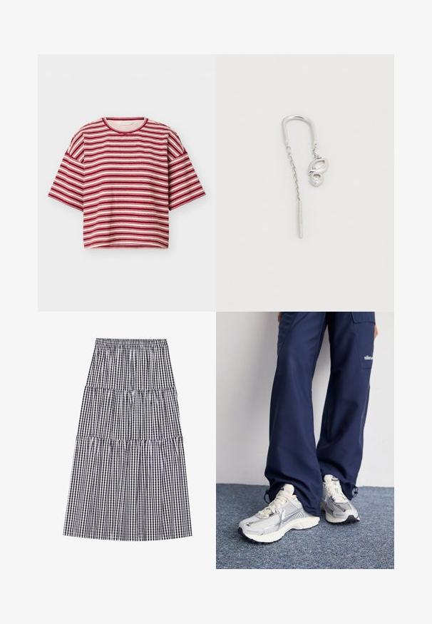 T-shirt à manches courtes avec col rond, rayé horizontalement rouge et blanc, coupe décontractée.; Jupe à volants en vichy noir et blanc avec une taille élastique. Elle présente plusieurs volants et une silhouette fluide.; Baskets de sport Nike avec une tige en maille argentée, des accents blancs et des semelles texturées, associées à un pantalon marine ample.; Boucle d'oreille en argent avec un design courbé, une chaîne pendante et un accent lisse et arrondi. La surface semble polie et réfléchissante.