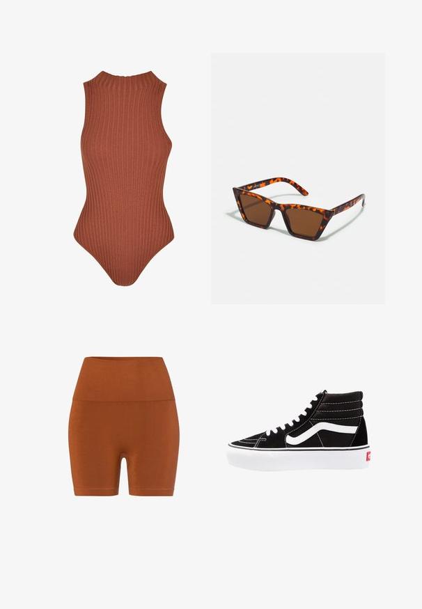 Geribbelde bruine bodysuit met een hoge hals, zonder mouwen en een aansluitende silhouet. Gemaakt van rekbare stof, geschikt voor het lagen.; Bruine hooggetailleerde shorts van rekbare stof, met een gladde textuur en een aansluitend ontwerp, voorzien van een strakke, minimalistische zoom.; Zwarte high-top sneakers met witte veters, een wit logo en contrasterende witte stiksels. Heeft een dikke witte zool en een bovenwerk van gestructureerd suede.; Bruin getinte zonnebril met een schildpadmotief, hoekig montuur en slanke armen. Lichtgewicht kunststof materiaal.