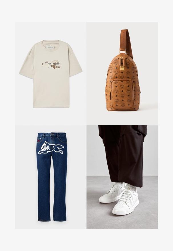 Camiseta de manga corta beige hecha de algodón, con un diseño gráfico que presenta nubes y un ojo, etiquetada como "FENG CHEN WANG" en texto estilizado.; Pantalones vaqueros de denim azul con piernas rectas, que presentan un gran gráfico en blanco de una criatura saltando en el bolsillo trasero. Diseño estándar de cinco bolsillos.; Zapatillas altas blancas de cuero suave con detalle de puntera perforada, agujetas planas blancas y un sutil acento dorado en el talón.; Mochila bandolera de cuero marrón con patrón de diamante negro y logo MCM, bolsillo delantero con cremallera, cremallera dorada y correa ajustable.