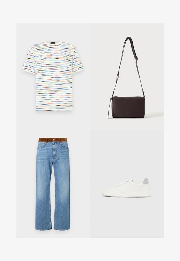 T-shirt multicolore avec des motifs en coups de pinceau horizontaux dans des tons de bleu, orange, vert et noir sur un fond blanc. Manches courtes.; Jeans en denim bleu clair avec une coupe droite, dotés d'une taille en suède marron, de poches avant et d'une fermeture éclair.; Baskets basses blanches avec un onglet de talon gris, des lacets blancs et une semelle texturée, présentées sur un fond uni clair.; Sac bandoulière en cuir marron foncé texturé avec une sangle réglable et un petit accent décoratif bleu sur le côté.