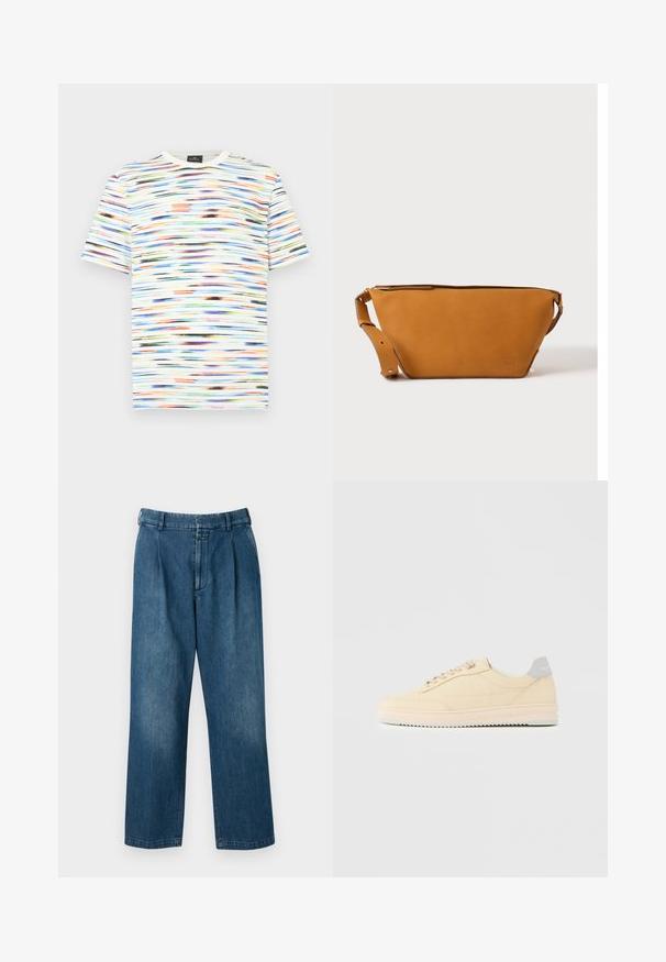 T-shirt multicolore avec des motifs en coups de pinceau horizontaux dans des tons de bleu, orange, vert et noir sur un fond blanc. Manches courtes.; Pantalons en denim bleu avec un design à jambes droites, dotés d'une taille haute, de plis à l'avant et d'une fermeture à bouton classique. Texture lisse.; Baskets basses beige à lacets, semelle rose clair et languette grise à l'arrière marquée "Filling Pieces", vues de profil sur fond uni.; Sac bandoulière en cuir marron clair avec sangle réglable et fermeture éclair, présenté sur un fond clair uni.