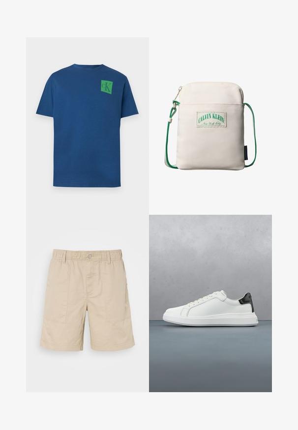 Blå bomulds t-shirt med rund hals, korte ærmer og grønt kvadratisk logo med "cK" design på venstre bryst.; Beige bomuldsshorts med elastisk talje, frontknap og to sidelommer. Har diskret syninger og et lille logo på siden.; Hvide sneakers med en glat læderoverdel og en kontrasterende sort hælaccents. Har flade snørebånd og en tekstureret gummisål.; Lille beige crossbody-taske med grøn justerbar snorrem, en lynlåslomme foran og et Calvin Klein New York City-logo patch.
