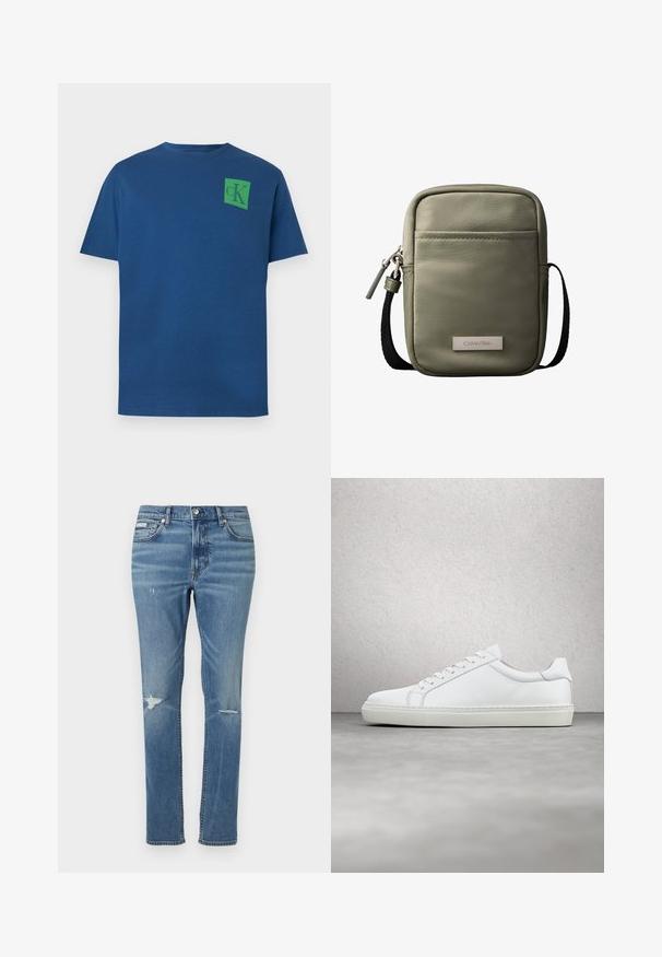 T-shirt en coton bleu avec col rond, manches courtes, et logo carré vert présentant le design "cK" sur le côté supérieur gauche de la poitrine.; Jeans en denim bleu clair à coupe droite, avec des détails usés aux genoux et un style classique à cinq poches.; Sneaker blanche avec une tige en cuir lisse et un profil bas. Présente un bout arrondi, six œillets et une semelle en caoutchouc texturé.; Sac bandoulière compact vert olive avec poche avant, sangle noire réglable, fermeture zippée et plaque logo Calvin Klein.