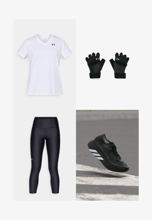 Witte V-hals T-shirt met korte mouwen, gemaakt van een katoenmengsel, met een zwart logo aan de linker bovenkant. Soepele textuur en reguliere pasvorm.; Zwarte leggings van glad, rekbaar materiaal. Hoog ingezette taille met een nauwsluitende pasvorm en een klein logo op het linkerpedaal.; Zwarte hardloopschoen met witte strepen op de zool, zwevend boven asfalt met witte wegmarkeringen, waarbij kleine stukjes omhoog worden gestoten.; Zwarte traininghandschoenen met een open vingerontwerp, versterkte stiksels, een gevoerde palm en verstelbare polsbanden. Voorzien van een zilveren logo-accent.