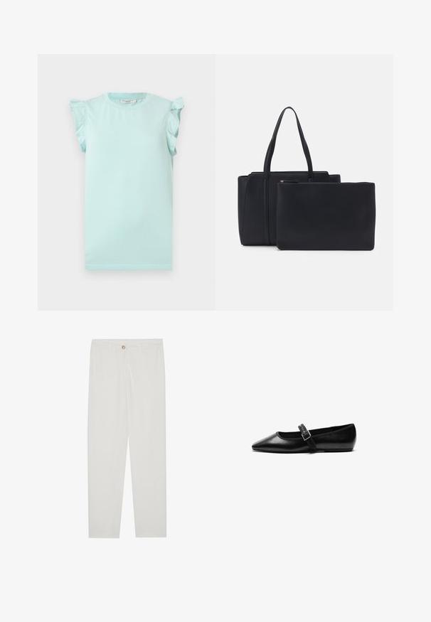 T-shirt en coton vert clair avec de courtes manches volantes, un col rond et un ourlet droit. Texture lisse, design simple, sans motifs ni graphiques.; Pantalon blanc sur mesure avec une coupe droite, doté d'une fermeture à bouton, de passants de ceinture et de poches latérales ; texture de tissu lisse.; Chaussure noire plate en cuir avec un bout pointu, bride réglable avec une boucle en métal, texture lisse et design minimaliste.; Sac fourre-tout en cuir noir avec deux poignées, présentant une forme structurée et une pochette zippée séparée. Texture lisse avec un grain subtil.