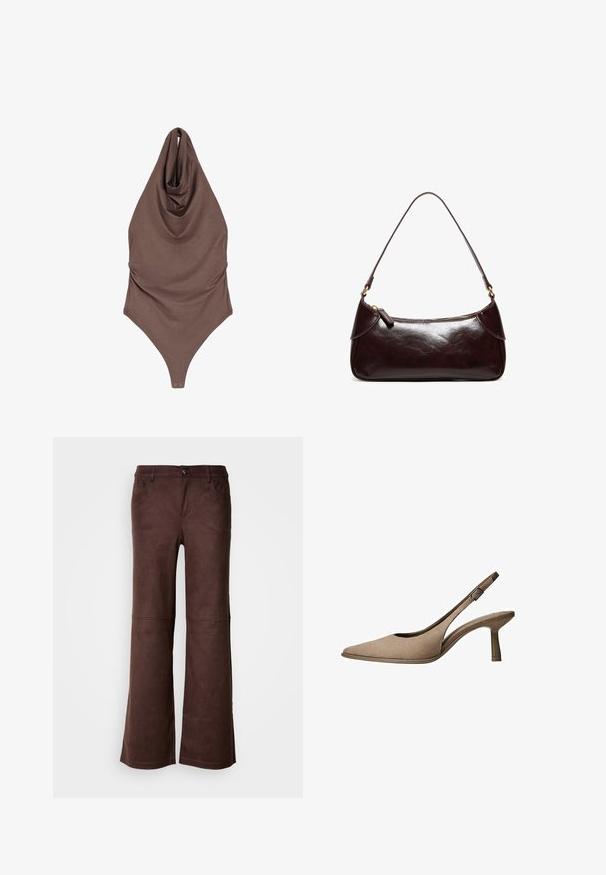 Body marron sans manches à col nageur avec encolure drapée et fermetures pression à l'entrejambe, posé à plat sur un fond blanc.; Pantalons évasés marron en tissu doux semblable à du daim. Comprend quatre poches, une fermeture à bouton et une surface lisse et texturée.; Escarpin slingback en daim beige avec bout pointu, talon bas et découpe latérale ornée d'une boucle réglable. Texture lisse et silhouette élégante.; Sac à bandoulière en cuir marron foncé avec une seule sangle et une fermeture éclair, forme rectangulaire avec des bords arrondis sur fond blanc.