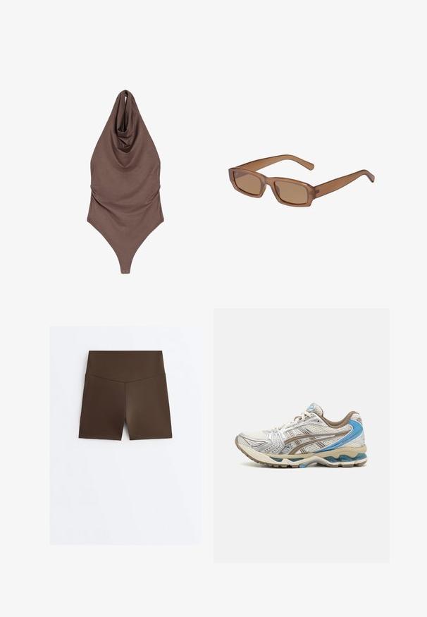 Bruin mouwloos halternek aremstuk met gedrapeerde halslijn en drukknopen bij het kruis, plat liggend op een witte achtergrond.; Bruine, hooggetailleerde, nauwsluitende sportshorts met een V-vormig naaddetail bij de tailleband, weergegeven op een witte achtergrond.; Witte en beige hardloopschoen met blauwe accenten, mesh bovenwerk, gewatteerde zool en vetersluiting, getoond vanaf de buitenkant.; Bruine, rechthoekige zonnebril met een transparant montuur, slanke pootjes en getinte lenzen, met een gladde textuur en modern ontwerp.