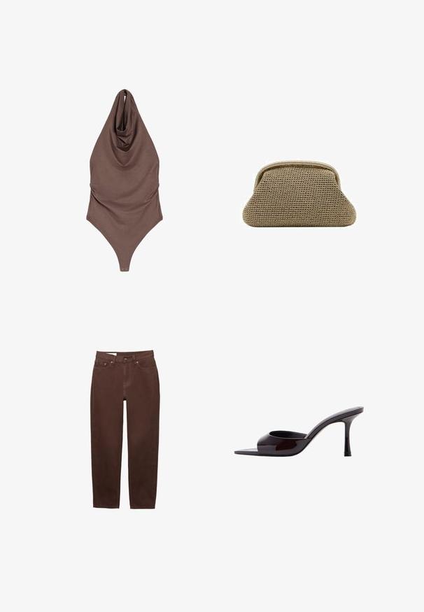 Brun ærmeløs body med halterneck og draperet halsudskæring samt trykknapper i skridtet, lagt fladt på en hvid baggrund.; Brune jeans med lige ben, frontknap, lynlåslukning og femlomme-design på hvid baggrund.; Sort laklæder mule med åbent tåparti, slank mellemhøj stilethæl og lavt skåret overskrivebånd.; Beige vævet clutchtaske med afrundet trapezform og struktureret ramme øverst til lukning.