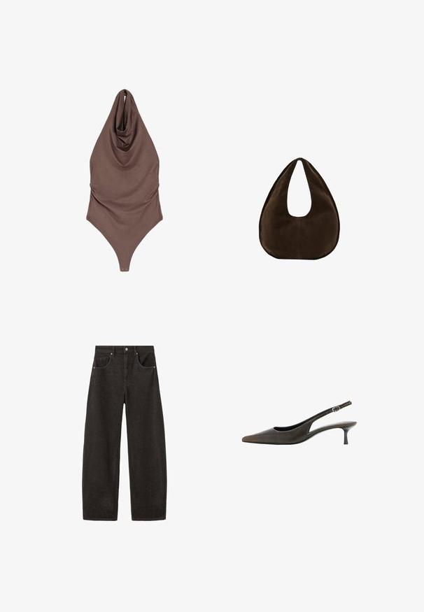 Body marron sans manches à col nageur avec encolure drapée et fermetures pression à l'entrejambe, posé à plat sur un fond blanc.; Jeans noirs à jambes larges en denim, avec une taille haute, cinq poches et des accessoires argentés à l'avant. Texture lisse avec un design minimaliste.; Chaussure slingback en cuir noir à bout pointu, petit talon kitten et petite bride réglable avec boucle.; Sac à main en daim marron foncé en forme de croissant avec une seule sangle large et une texture lisse sur fond blanc.