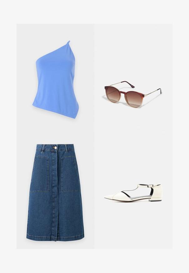 Haut asymétrique bleu en tissu lisse avec une seule bretelle et une coupe ajustée. Présente un ourlet net et un minimum de détails.; Jupe en denim bleu foncé longueur genou avec fermeture boutonnée à l'avant, passants pour ceinture et deux grandes poches plaquées à l'avant.; Chaussure plate blanche à bout pointu avec lanière en T et boucle à la cheville, talon bas, et côtés découpés, présentée sur un fond neutre.; Lunettes de soleil rondes avec des verres dégradés marron, une monture en acétate écaille de tortue, et des accents en métal doré sur le pont et les branches.