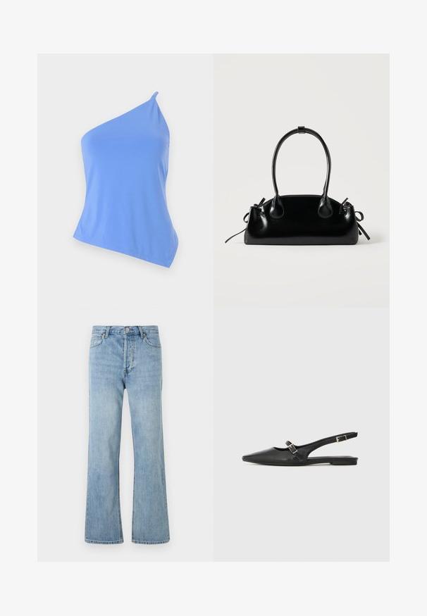 Haut asymétrique bleu en tissu lisse avec une seule bretelle et une coupe ajustée. Présente un ourlet net et un minimum de détails.; Jean en denim bleu clair taille haute avec fermeture à boutons, poches avant et arrière, et coupe droite sur fond blanc.; Chaussures slingback en cuir noir avec un bout pointu, comprenant une lanière étroite et un accent de boucle argentée sur le côté. Semelle plate.; Petit sac à main noir brillant avec deux longues anses et des détails à cordon sur les côtés sur un fond clair uni.