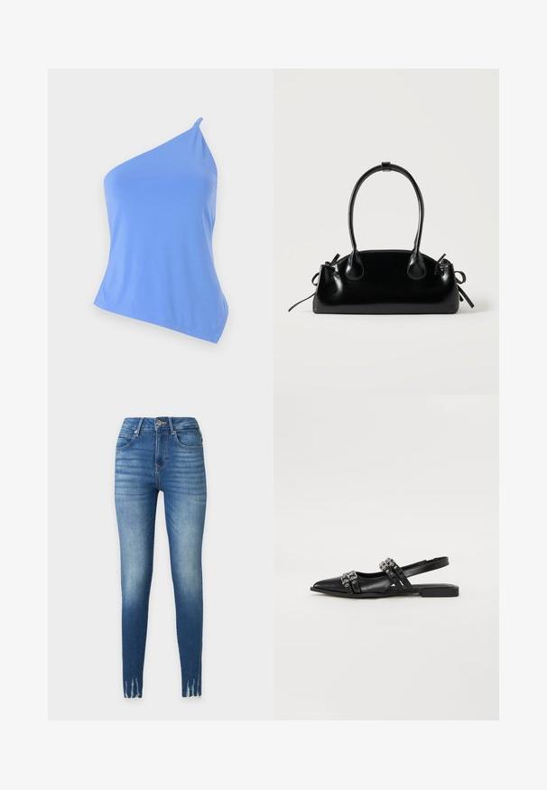 Haut asymétrique bleu en tissu lisse avec une seule bretelle et une coupe ajustée. Présente un ourlet net et un minimum de détails.; Jean skinny taille haute bleu avec détails délavés sur les cuisses, style cinq poches, fermeture par bouton et zip, et ourlets effilochés.; Even&Odd Ballerines à brides arrière - black; Petit sac à main noir brillant avec deux longues anses et des détails à cordon sur les côtés sur un fond clair uni.