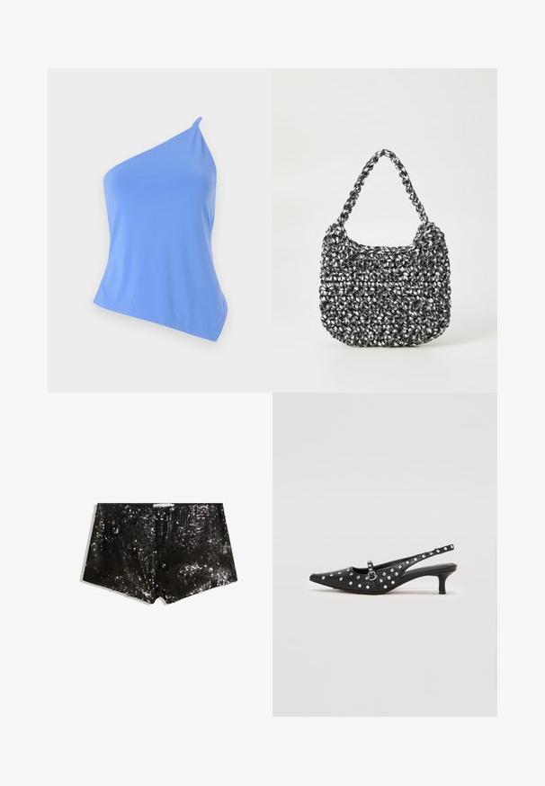 Asymmetrisches blaues Top aus glattem Stoff mit einem einzigen Schulterträger und taillierter Passform. Verfügt über einen sauberen Saum und minimale Details.; Schwarze Pailletten-Shorts mit körperbetontem Design. Enthält schimmernde Pailletten, glatte Textur und einen Bund für einen sicheren Sitz.; Schwarze Slingback-Schuhe mit spitzer Zehenform, verziert mit silbernen Nieten, mit einem niedrigen Absatz und einem Schnallenriemen-Detail.; Gewebte Handtasche in Schwarz und Weiß mit runder Form, strukturiertem Oberflächenfinish und geflochtener Grifffläche. Geeignet für den lässigen Gebrauch.