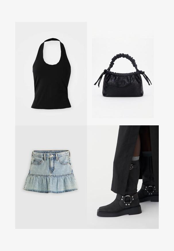 Μαύρο halter top από μαλακό ύφασμα, με στρογγυλή λαιμόκοψη και εφαρμοστή σιλουέτα, με λεία υφή και χωρίς ορατά σχέδια.; Τζιν φούστα σε ανοιχτό μπλε χρώμα με βολάν στο τελείωμα. Διαθέτει ζώνη μέσης, εμπρόσθιες τσέπες και ξεθωριασμένη υφή. Κλασικό σχέδιο με πέντε τσέπες.; Μαύρα μποτάκια αστραγάλου από δέρμα με ματ φινίρισμα, τετράγωνη μύτη και διακοσμητικές αγκράφες. Η σόλα είναι χοντρή και υφασμένη.; Μαύρη τσάντα με υφή κροκοδείλου, με πτυχώσεις στην πάνω άκρη, μαζεμένη λαβή και κορδόνια με φούντες σε κάθε πλευρά, πάνω σε λευκό φόντο.
