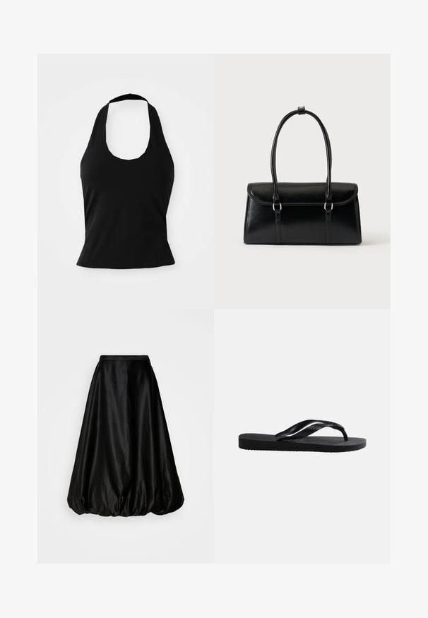 Top preto de alças feito de tecido suave, com um decote redondo e uma silhueta ajustada, apresentando uma textura lisa e sem padrões visíveis.; Saia midi de cetim preto com uma forma volumosa e balão. Textura suave e cintura ajustada, projetada para uma silhueta fluida.; Chinelos pretos de borracha com palmilha texturizada e tira em forma de Y lisa sobre um fundo claro liso.; Mala retangular em pele preta com fecho de aba e duas alças longas contra fundo branco liso.