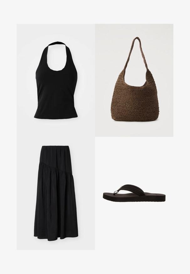Top negro tipo halter hecho de una tela suave, con un escote redondeado y una silueta ajustada, con una textura lisa y sin patrones visibles.; Falda negra hasta el tobillo con tela fruncida y un detalle de costura diagonal en la parte delantera.; Chancla negra con suela de goma, que presenta un diseño de sola tira con tres ranuras horizontales. Textura plana y suave sin patrones adicionales.; Bolso tejido marrón con una superficie texturizada, forma relajada y una única correa ancha. El forro interior de tela complementa el material exterior.