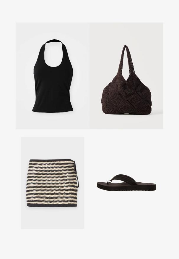 Top negro tipo halter hecho de una tela suave, con un escote redondeado y una silueta ajustada, con una textura lisa y sin patrones visibles.; Mini falda de punto con rayas negras y beige, con lazada lateral y patrón tejido abierto texturizado.; Chancla negra con suela de goma, que presenta un diseño de sola tira con tres ranuras horizontales. Textura plana y suave sin patrones adicionales.; Bolso tote negro tejido a crochet con patrones cuadrados texturizados y dos asas de hombro, colocado contra un fondo liso.